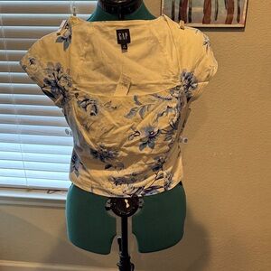 GAP Cream Floral Cap-Sleeve Top with Blue Print